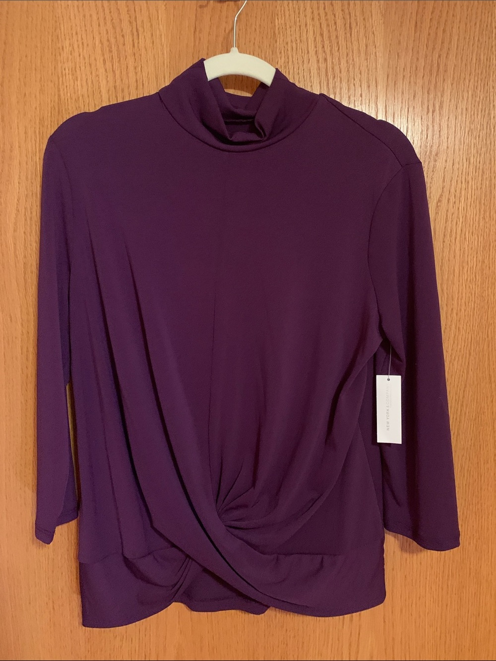 New York & Company Plum Twist-Front Mock Neck Long Sleeve Top